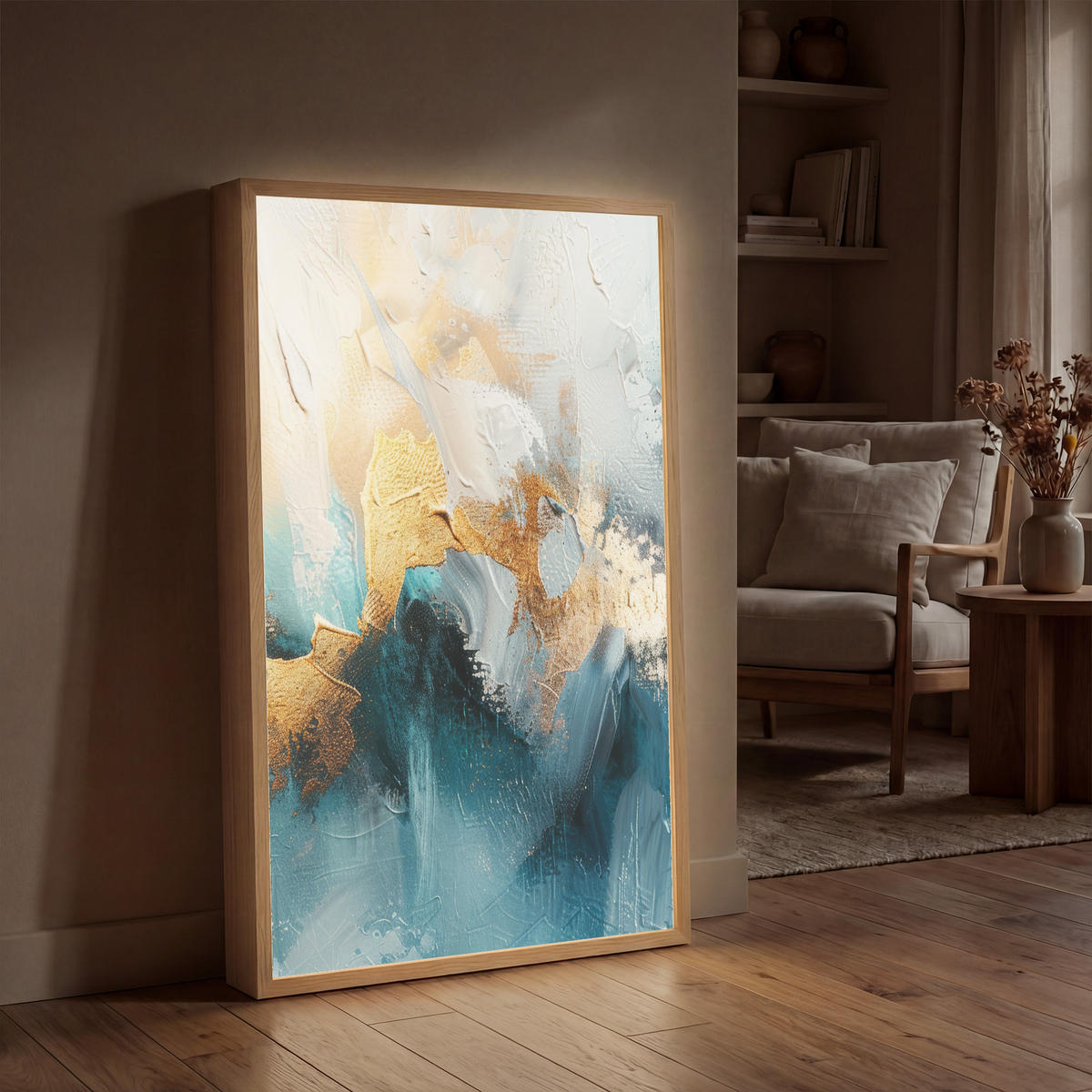 NÁSTĚNNÁ LAMPA S AKUMULÁTOREM Abstraktní - umění - zlatá - modrá 60x90 cm - tyrkysová, kompozitní dřevo (60/90/8cm) - OnlyWow