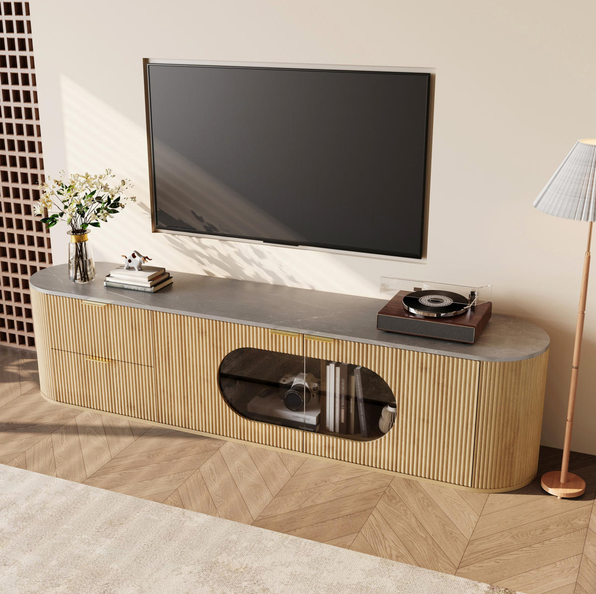 TV-SCHRANK 172/38/45,5 cm natur aus MDF und Glas mit 3D-Fronten - Hellbraun, Holzwerkstoff (172/45.5/38cm) - OKWISH