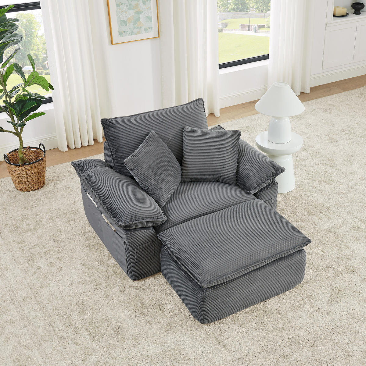 SESSEL aus Stoff Hellgrau ohne Montage mit Fußstütze, Seitentaschen und modularer Kombination - Hellgrau, Textil (156/65/125cm) - Modfu