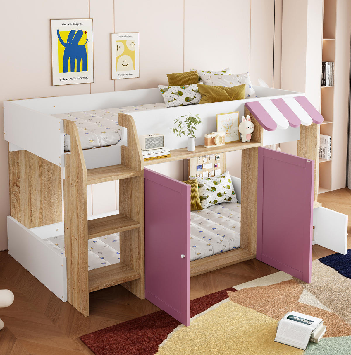 HOCHBETT 90/200 cm mit Stauraum in Rosa und Weiß aus Holz - Rosa, Holzwerkstoff (90/200cm) - OKWISH