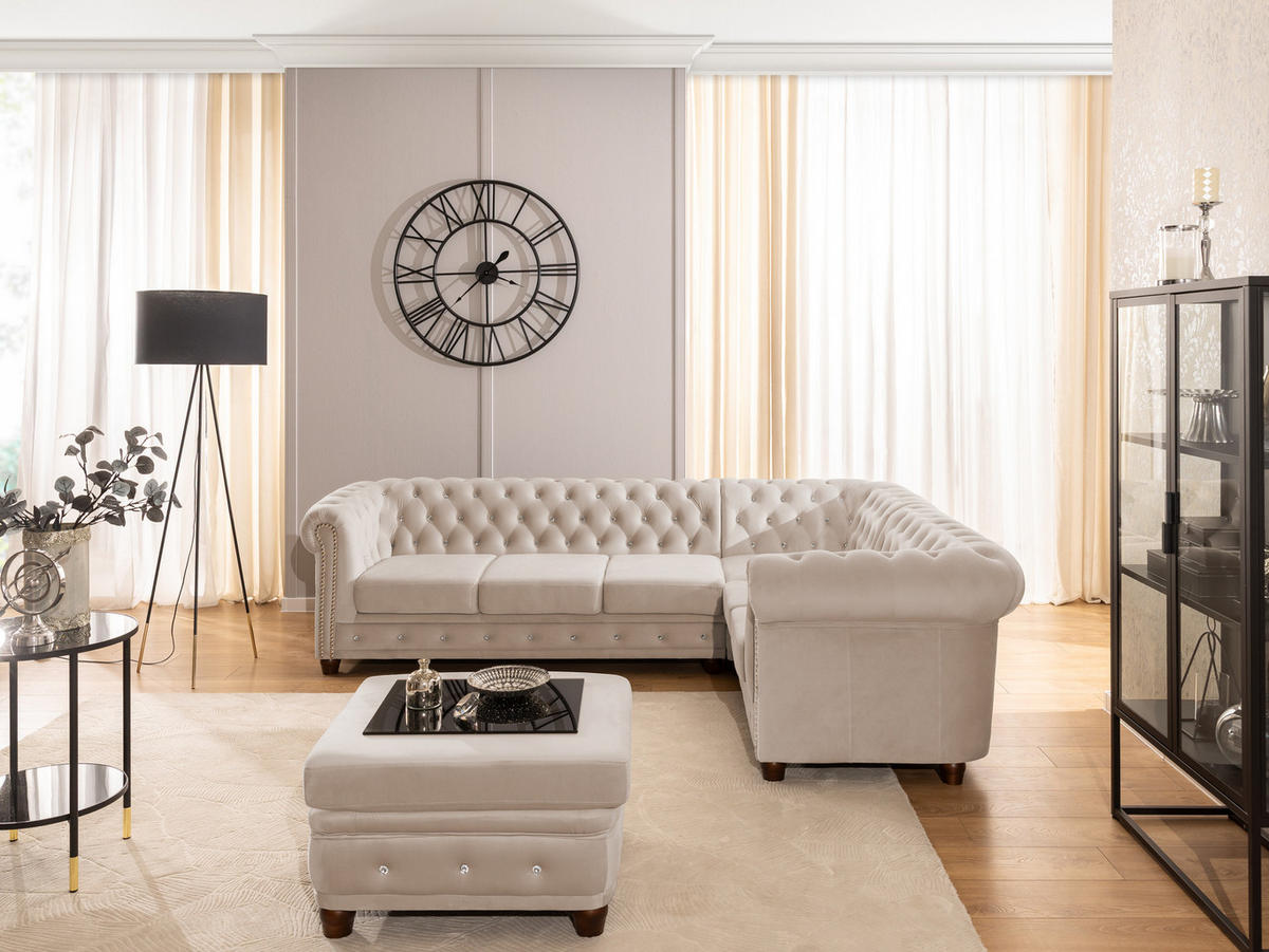 ECKSOFA Chesterfield Cleo Blink Beige Samt mit Kristallsteppung und braunen Massivholzfüßen - Ottomane Rechts - Beige/Braun, Holz/Textil (264/210cm) - S-Style Möbel