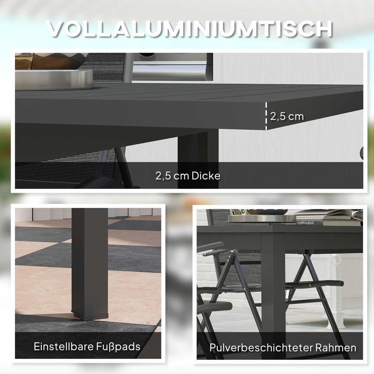 GARTENTISCH 220/90/73 cm grau aus Aluminium ausziehbar - Grau, Metall (220/90/73cm) - OKWISH