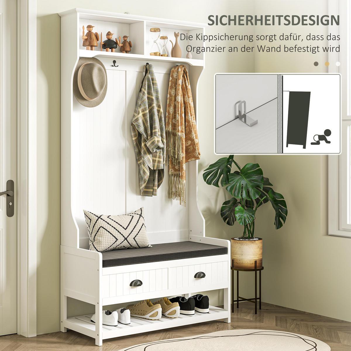 2-IN-1 Garderobenständer, Kleiderständer mit 4 Haken, Garderobe mit Schuhbank - Weiß/Grau, Holzwerkstoff/Textil (42/172/89cm) - HOMCOM