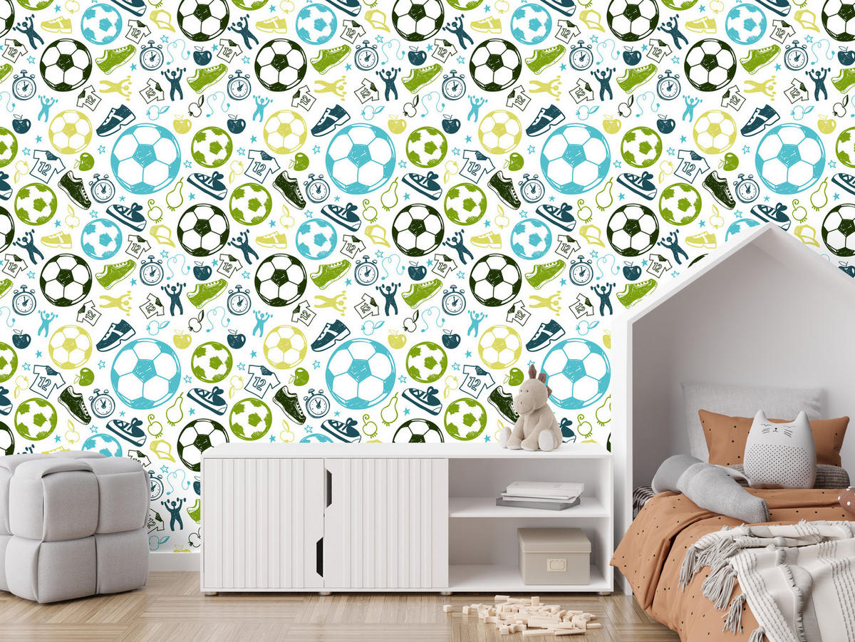 VLIESTAPETE Fußbälle im Comic-Stil – Blau, Grün, Weiß – 50x1000 cm - Blau/Weiß, Papier (50/1000cm) - Muralo