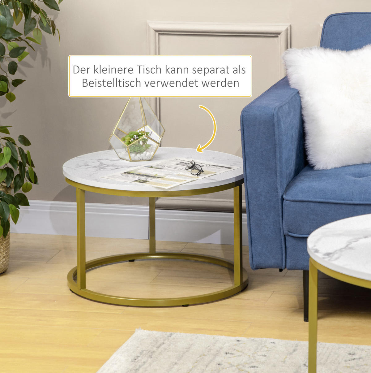 COUCHTISCH-SET 74/74/46,3 cm stapelbar mit Stahlgestell in Gold und Marmoroptik, Weiß - Weiß, Metall (74/74/46.3cm) - Redom