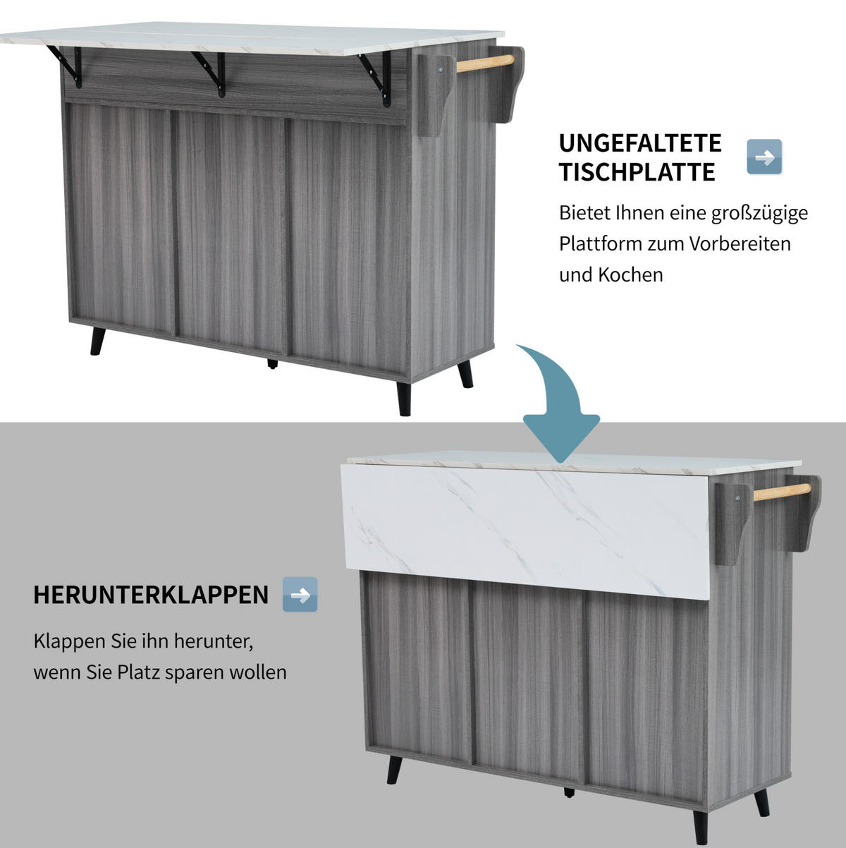 KÜCHENINSEL 129/71/91,5 cm weiß khakigrau mit klappbarer Tischplatte - Grau, Holzwerkstoff (129/91.5/71cm) - OKWISH
