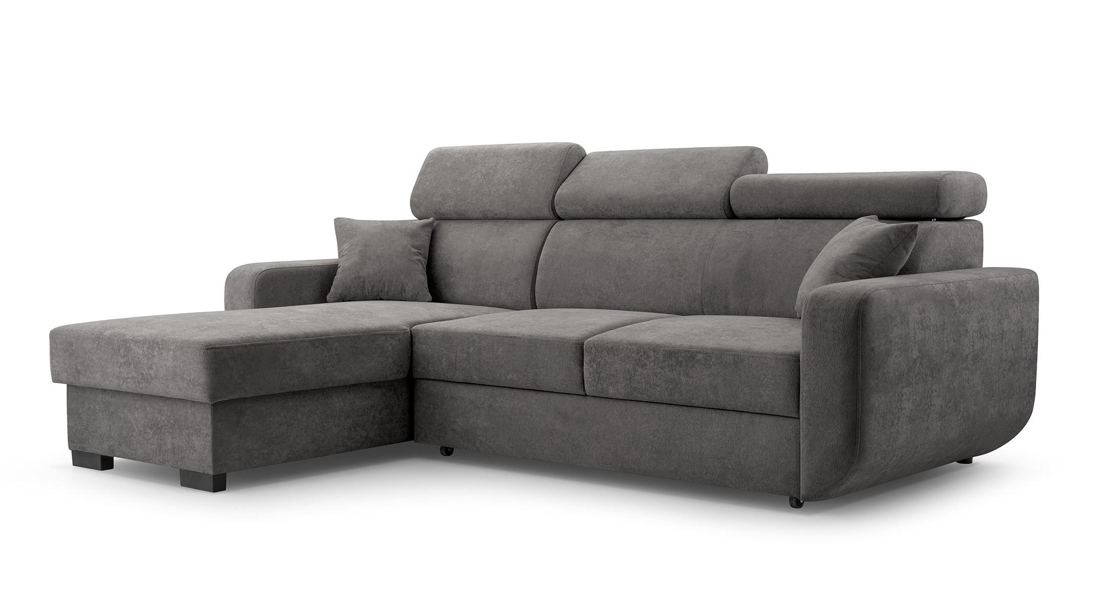 ECKSOFA CASTELLO Grau Plüsch-Stoff mit Schlaffunktion - Grau, Holz (236/165cm) - MASSENO