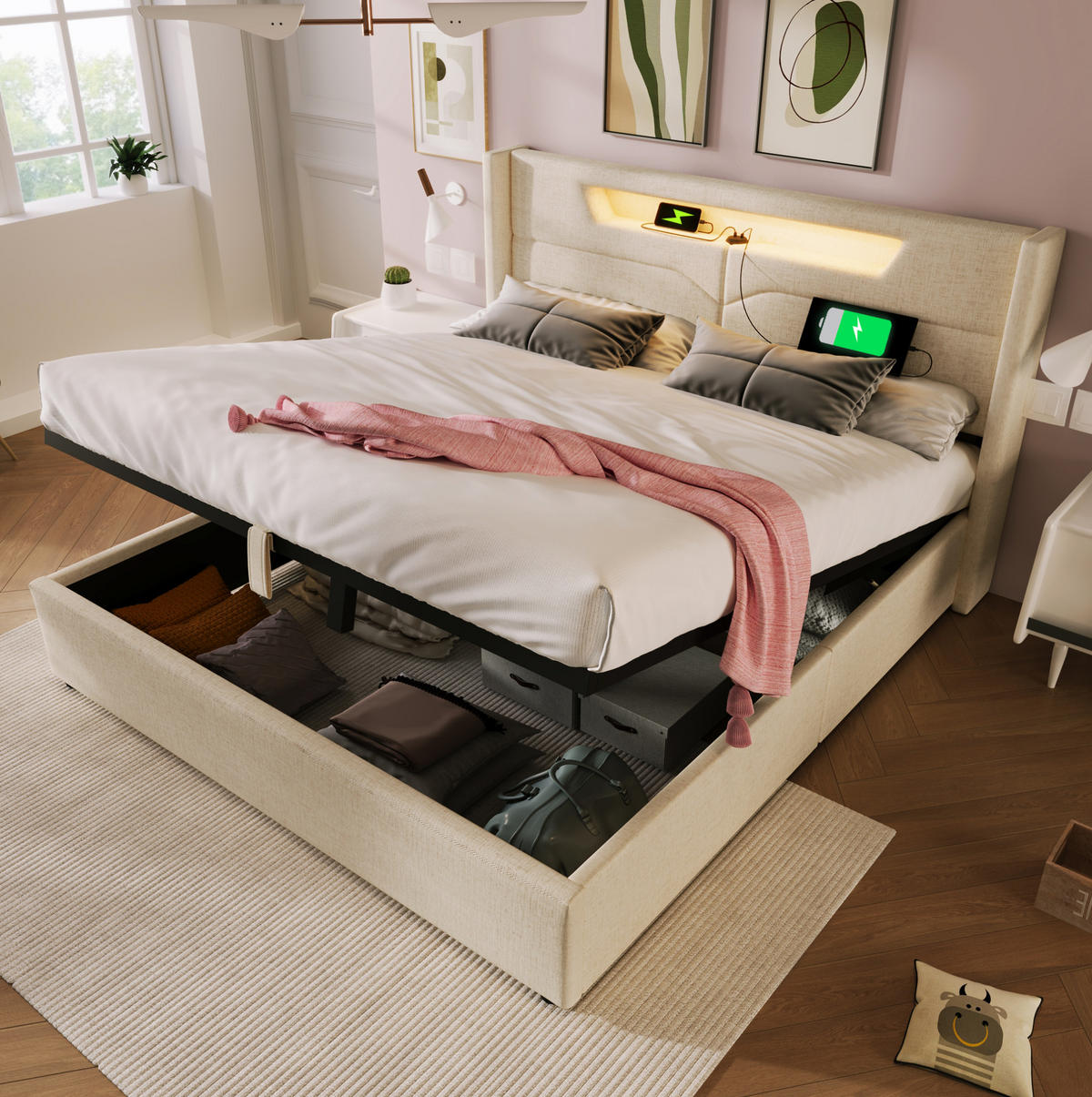 POLSTERBETT mit LED, USB und Stauraum 140x200 cm Beige inkl. Matratze - Beige, Metall (140/200cm) - Meubliv