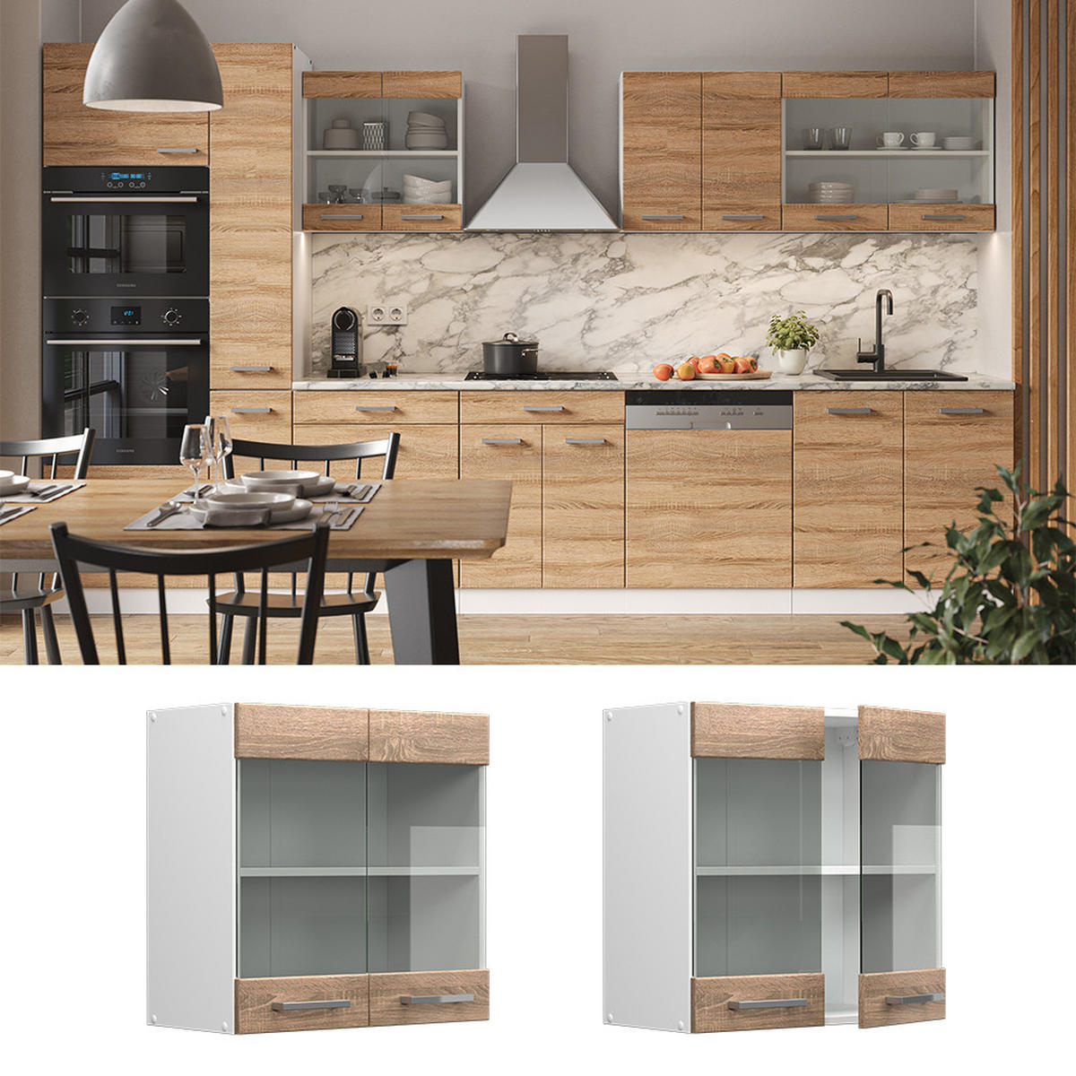 KÜCHENGLASSCHRANK R-Line Sonoma 60 cm - Weiß/Sonoma Eiche, Holzwerkstoff (60/60/31cm) - Vicco
