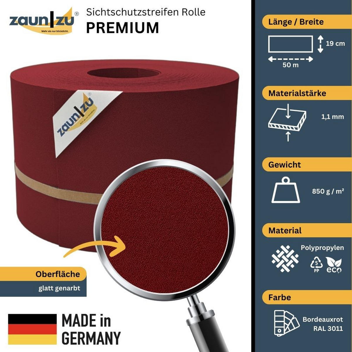 SICHTSCHUTZSTREIFEN Premium für Doppelstabmatten Zaunblende Bordeauxrot, 50m - Bordeaux, Kunststoff (5000/19cm) - ZAUN|ZU