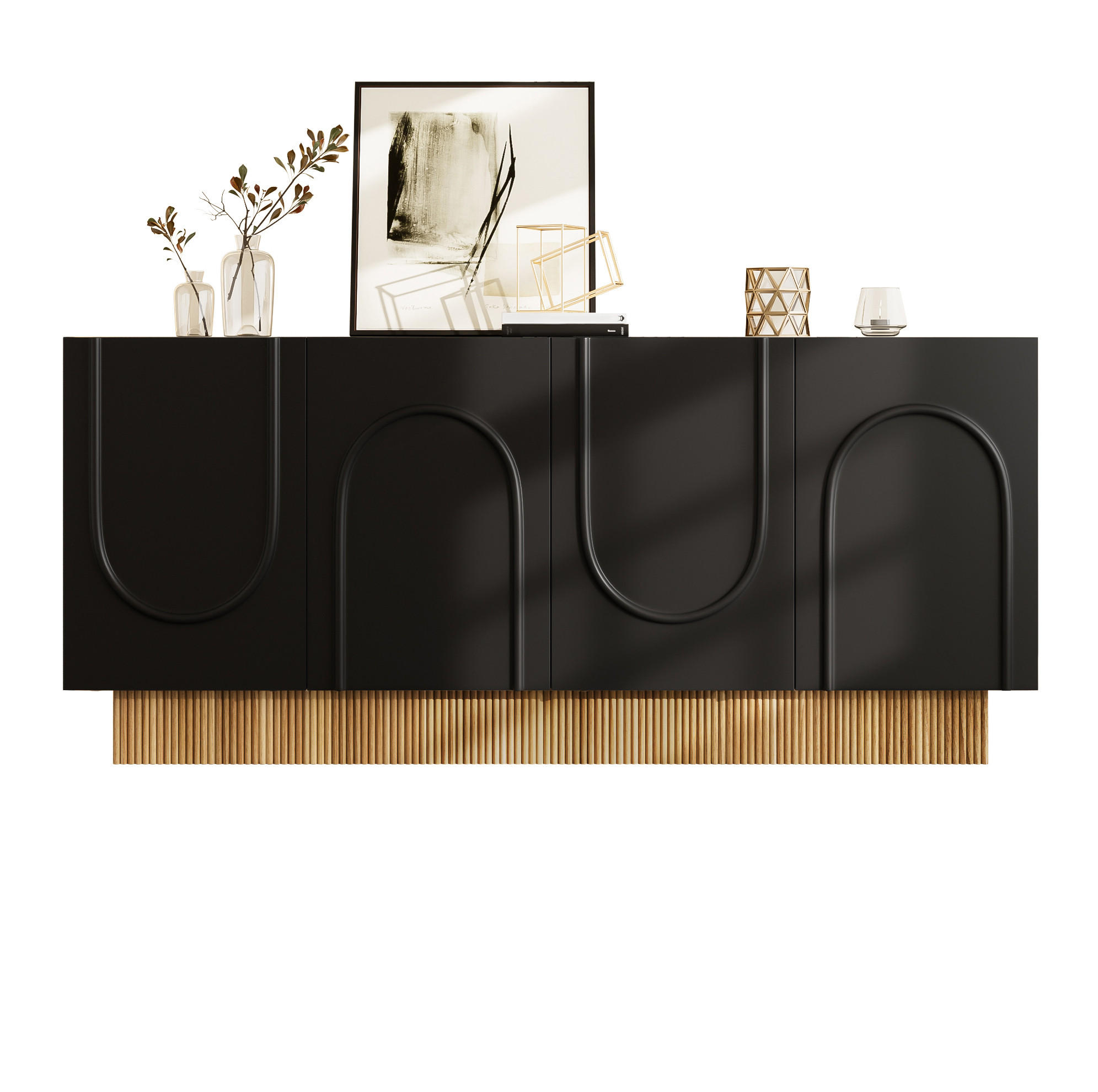 KOMMODE 160/38/75 cm mit 4 Türen – matte Front in Schwarz mit Holzoptik - Schwarz, Holzwerkstoff (160/75/38cm) - BEAOK