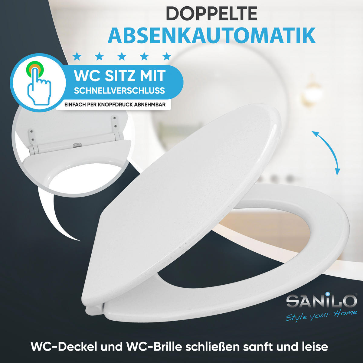 WC-SITZ mit Absenkautomatik & Top Fix Glitzer Weiß - Weiß, Holzwerkstoff (37.7/5.5/48cm) - Sanilo