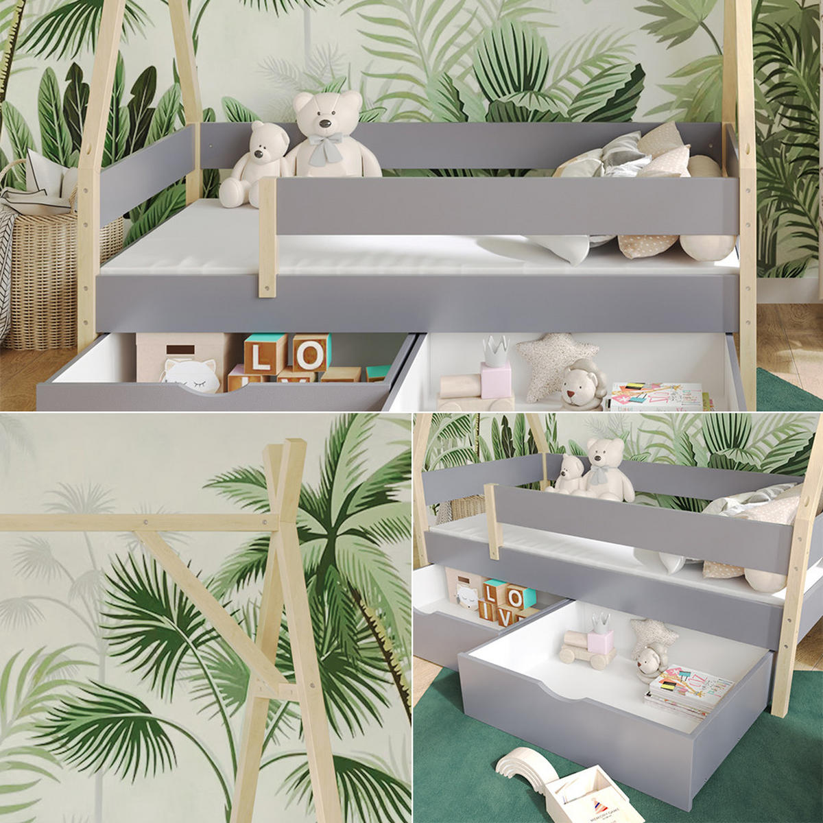TIPI-BETT Bali Grau 80x160 cm mit 2 Schubladen und Matratze - Grau, Holz - VitaliSpa