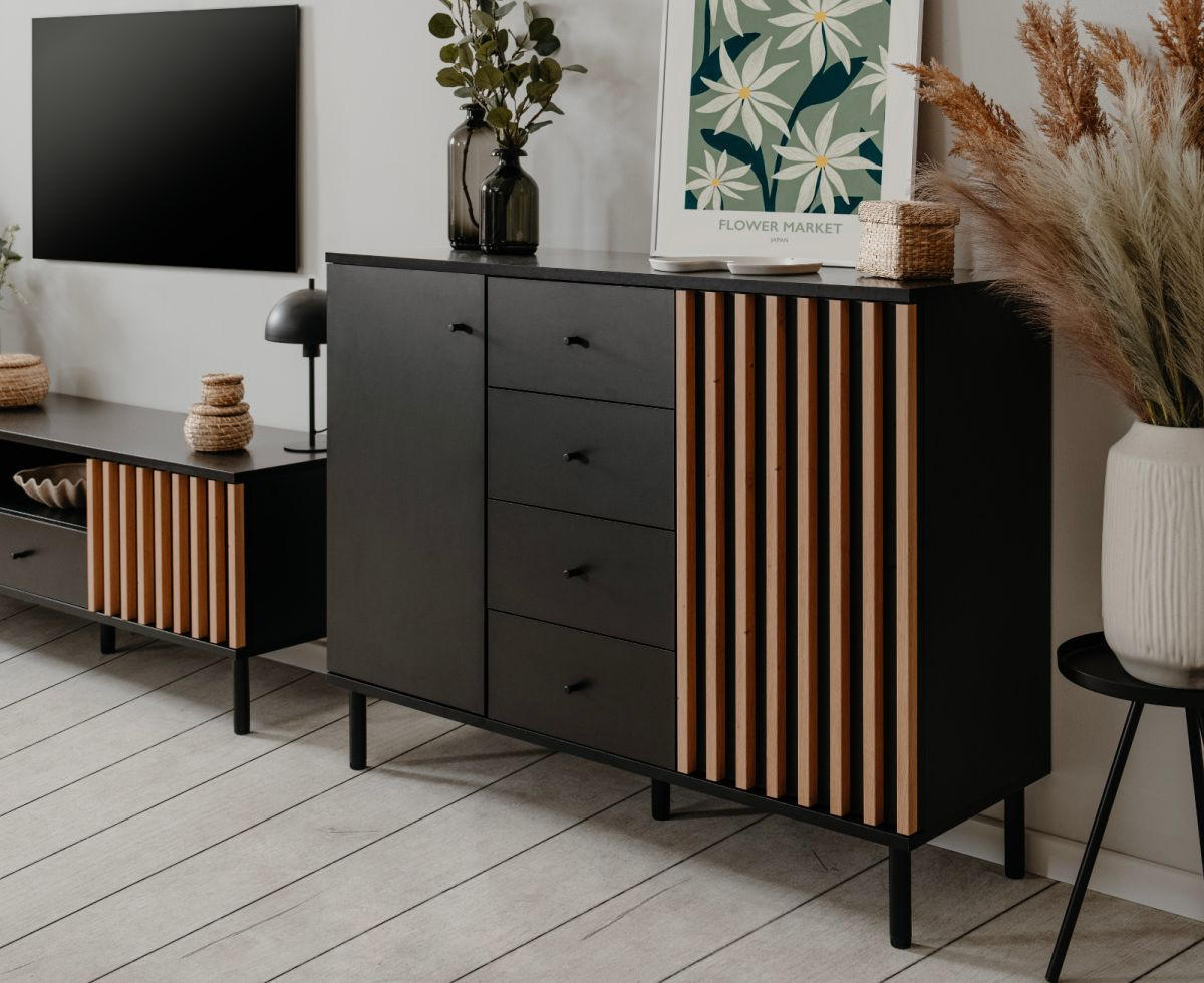 KOMMODE schwarz, Eiche Artisan 118, Sideboard mit viel Stauraum - Schwarz/Eiche Artisan, Holzwerkstoff/Metall (118/90/40cm) - Furn.Design