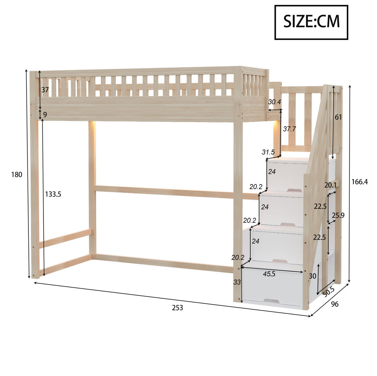 HOCHBETT aus Holz 90x200 cm in Naturholz mit LED & Stauraumtreppe - Naturfarben, Holz (90/200cm) - Modfu