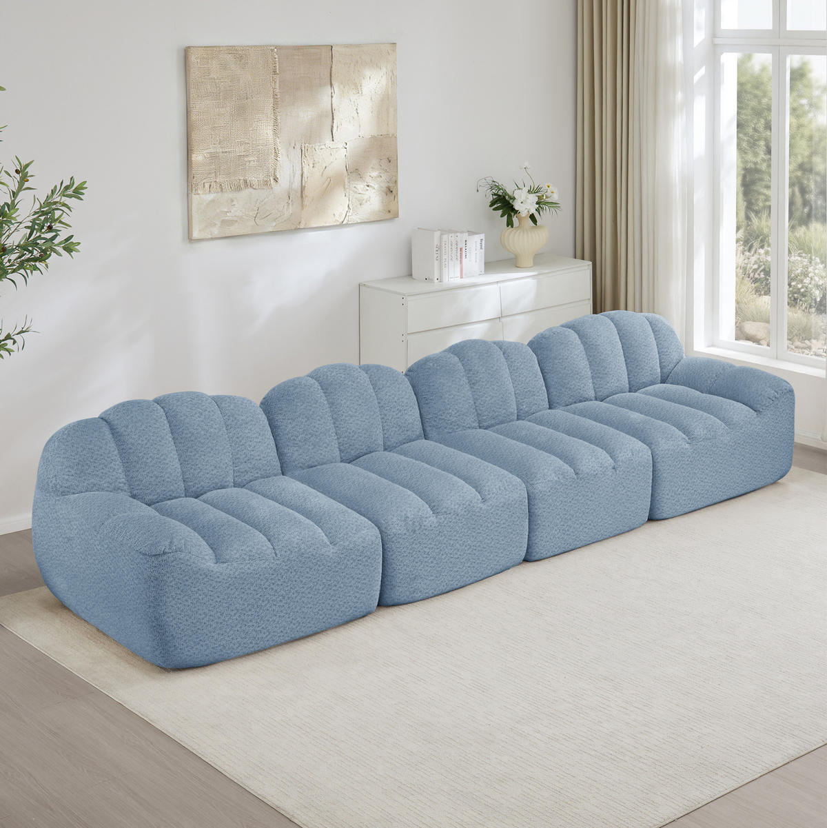 MODULARES 4-Sitzer-Sofa aus granuliertem Fleece mit ergonomischer Muschelform Blau - Blau, Textil (104/79/366cm) - Modenvie