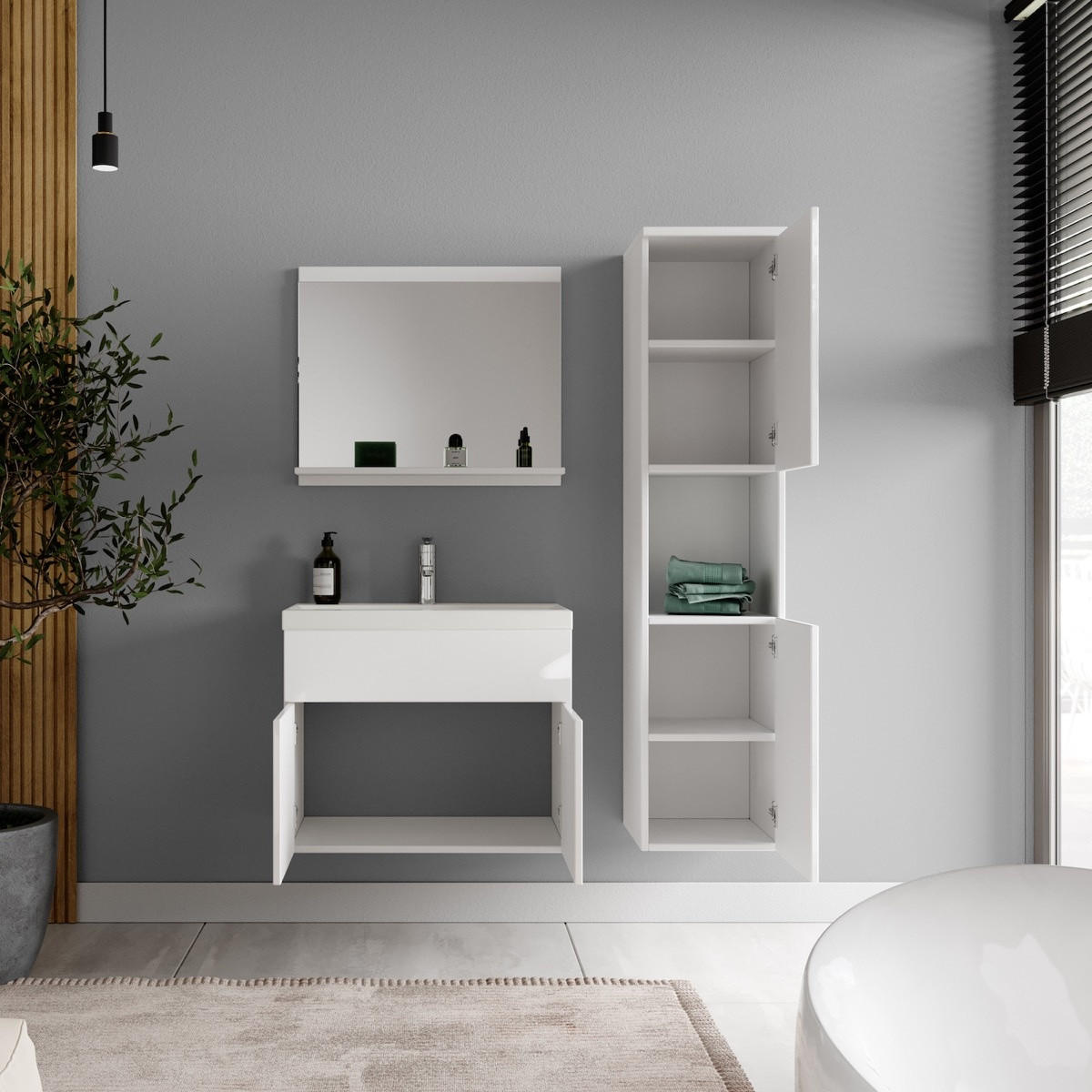 BADMÖBEL-SET Montreal 4 Teile Weiß Hochglanz - 60 x 35 x 51 cm - Weiß, Holz (60/51/35cm) - Badplaats