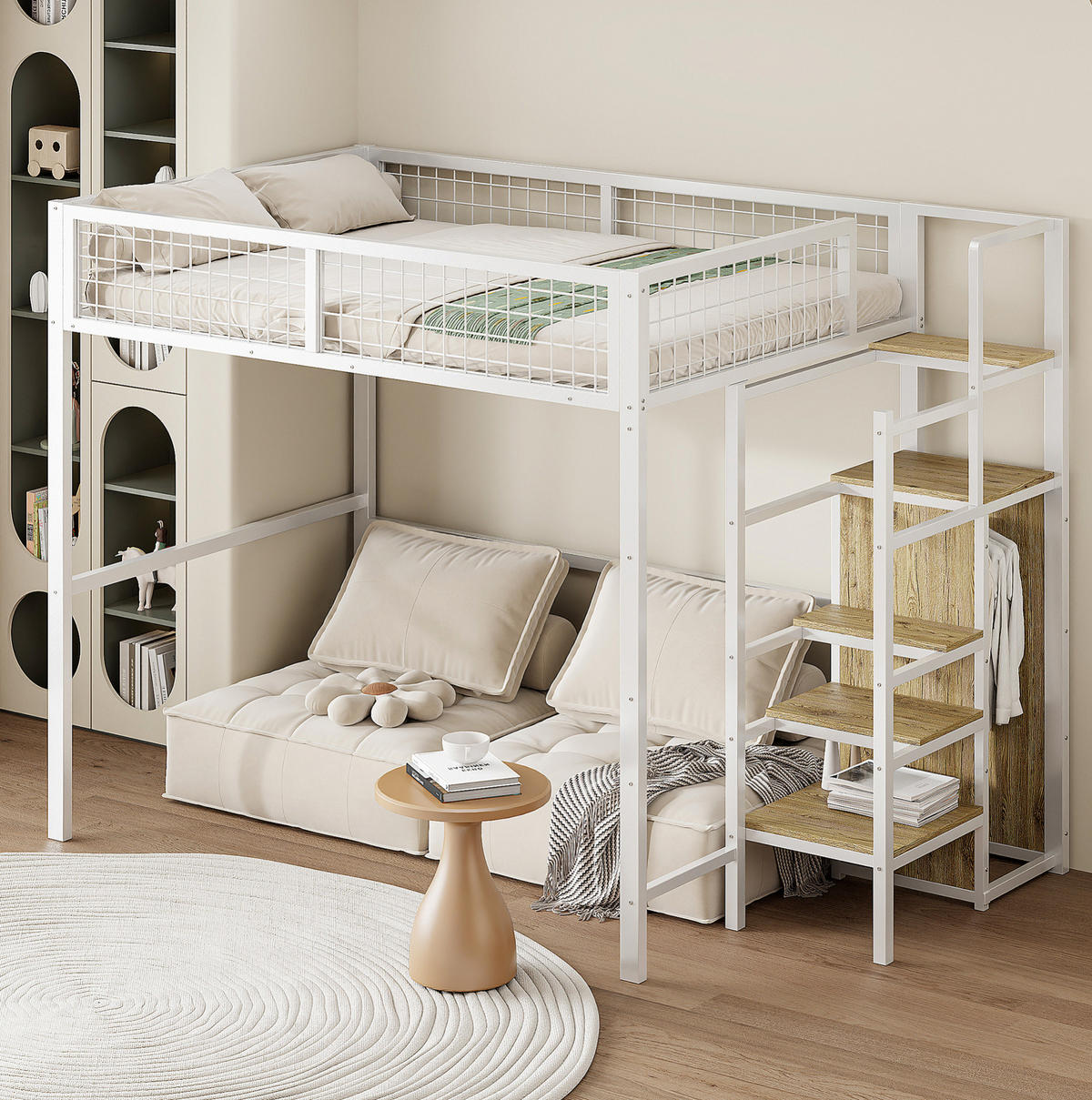 HOCHBETT 140/200 cm Weiß mit Leiter, Kleiderschrank und Regal - Weiß, Metall (140/200cm) - Flora Grace
