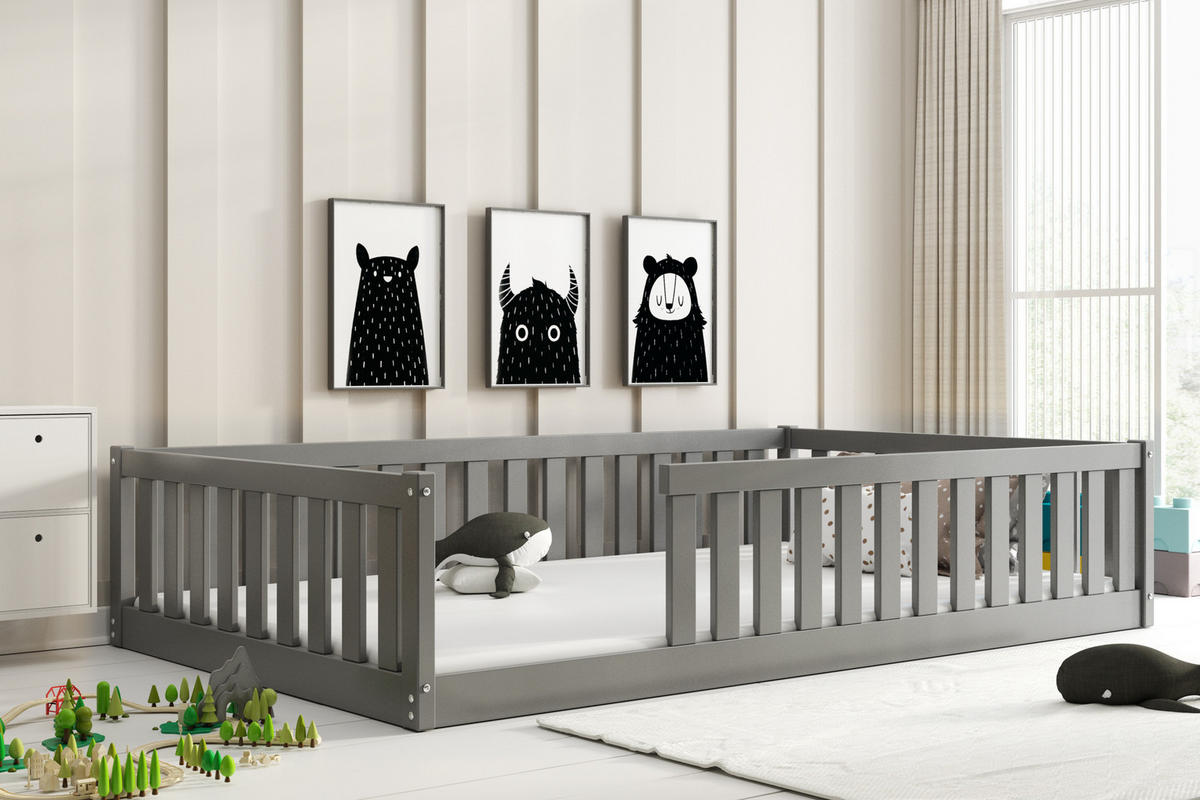BODENBETT Bella 120x200 mit Rausfallschutz & Lattenrost Kinderbett aus Holz - Grau, Holz (120/200cm) - Interbeds