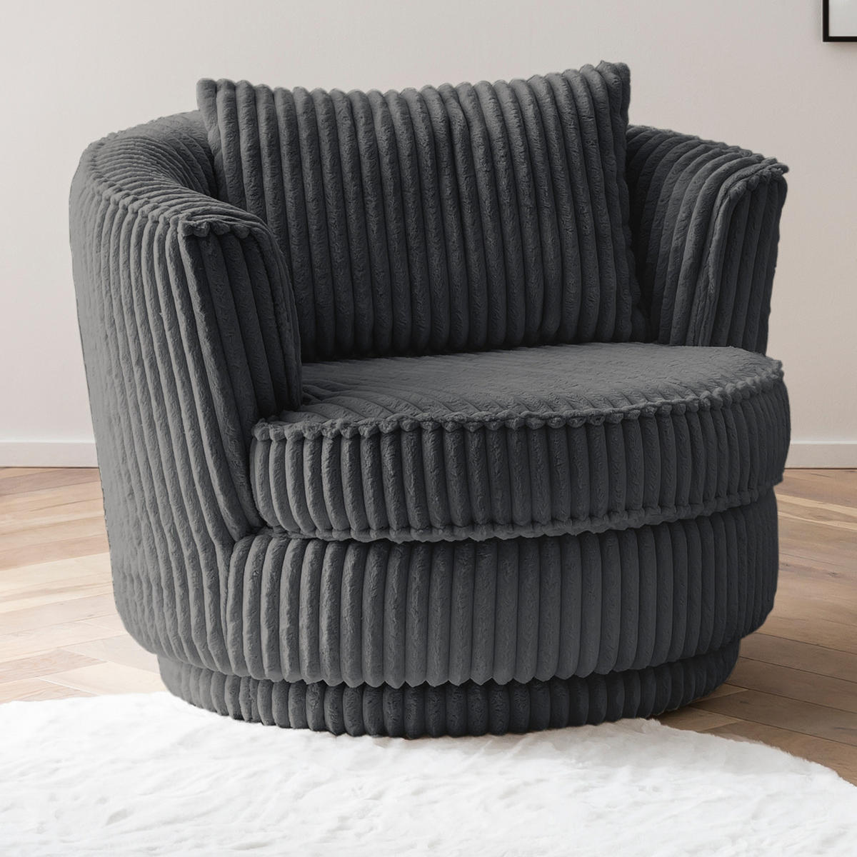 BIG-SESSEL Mega Cord grau Ø 95 cm 360° drehbar, inklusive Kissen - Grau, Holz/Kunststoff (95/77/95cm) - Furn.Design
