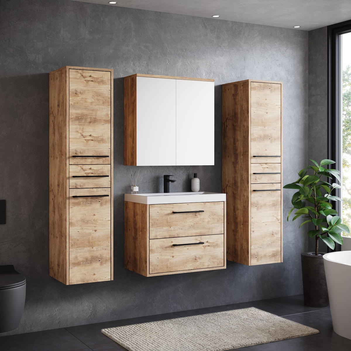BADMÖBEL-SET Florence 5 Teile Kastanien Eiche - 60 x 35 x 51 cm - Eichefarben, Holz (60/51/35cm) - Badplaats