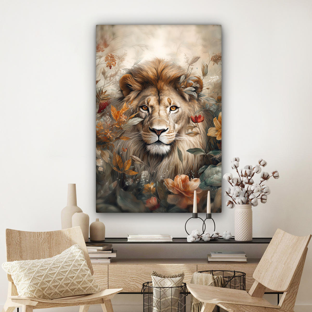 LEINWANDBILD Löwe - Wildtiere - Pflanzen - Natur - Blumen 90x140 cm - Beige, Textil (90/140cm) - MuchoWow