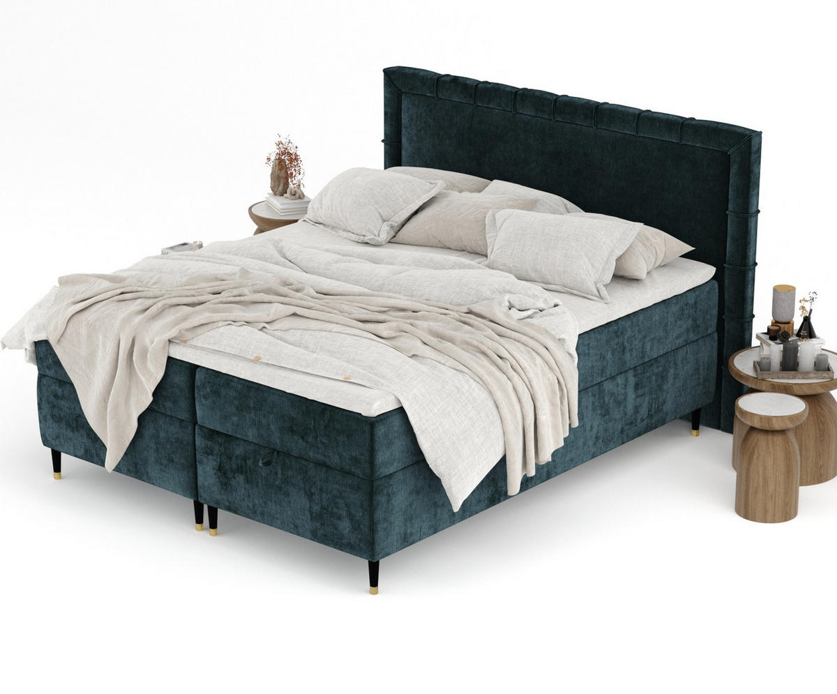 BOXBETT Monpelli Türkisfarben 140/200 cm mit Matratze und Topper - Türkis/Schwarz, Holz/Holzwerkstoff (140/200cm) - Maison de Reve
