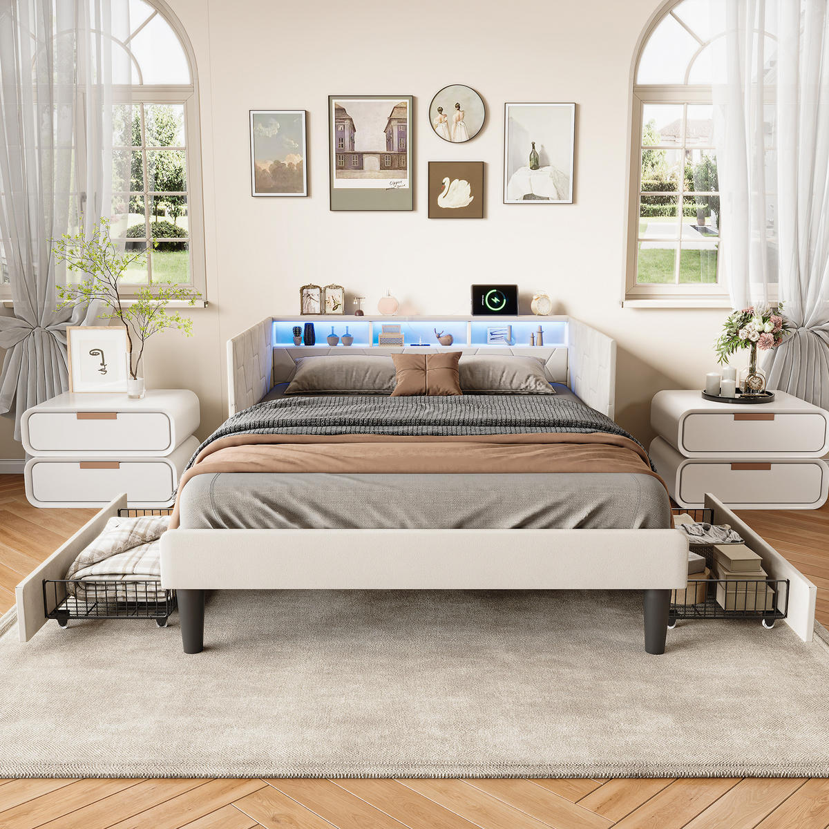 POLSTERBETT 140x200 cm, Stauraumkopf mit Ablagen, 2 Schubladen, LED und USB, Beige Samt - Beige, Holz (140/200cm) - BRILVERDE