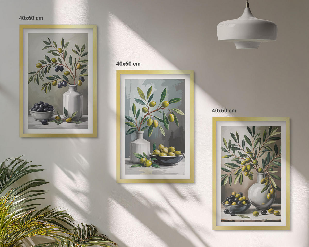 WANDBILDER 3er Set - 40x60 cm Goldrahmen - Keramik olivgrau - Goldfarben, Kunststoff (40/60cm) - ArtPrintCave