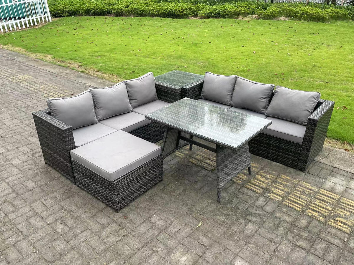 GARTENMÖBELSET mit Hocker Esstisch 7-Sitzer Grau - Dunkelgrau/Grau, Glas/Kunststoff - Fimous