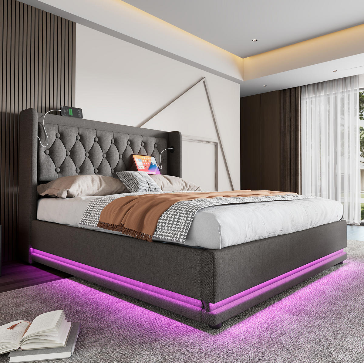 POLSTERBETT 160/200 cm Grau Baumwolle mit hydraulischem Stauraum und LED-Beleuchtung - Grau, Textil (160/200cm) - OKWISH