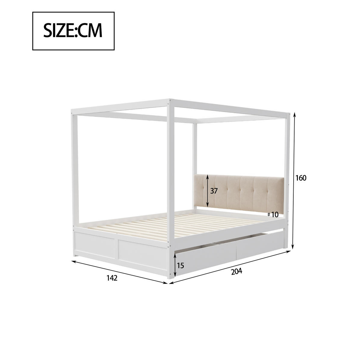 HIMMELBETT 140/200 cm weiß mit großen Schubladen und gepolsterter Rückenlehne - Weiß, Holz (140/200cm) - OKWISH