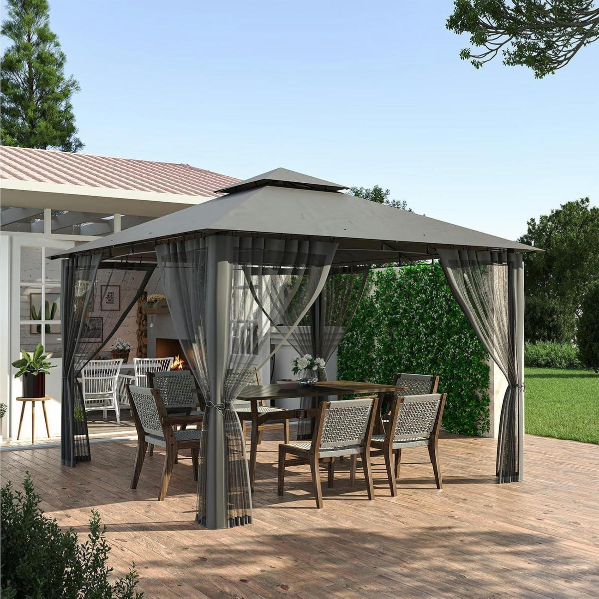 GARTENPAVILLON 2.8 x 2.8M Grau Wasserdicht mit Moskitonetz - Grau, Metall (275/275/275cm)