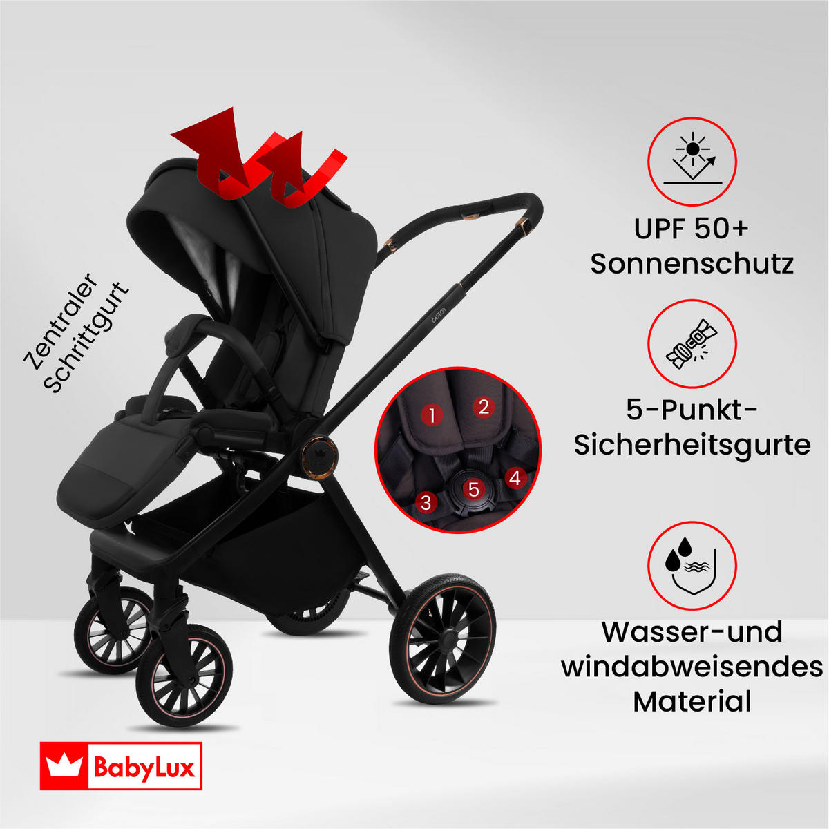 KINDERWAGEN Castor 4in1 Schwarz Babywanne, Reisebuggy, Autositz, Isofix Basis - Schwarz, Textil/Metall (58/98cm) - BabyLux