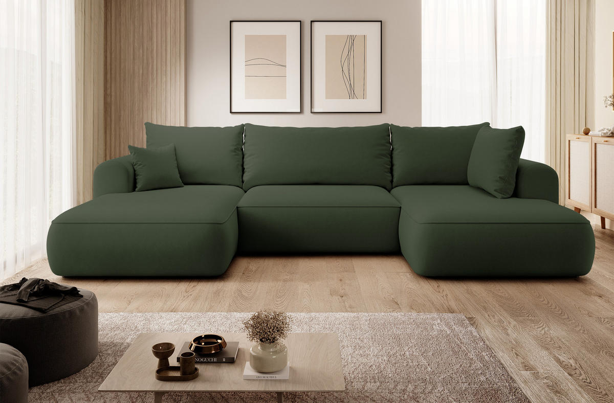 WOHNLANDSCHAFT Ovo Olivgrün Velours - Schwarz/Olivgrün, Textil (380/95/167cm) - Selsey