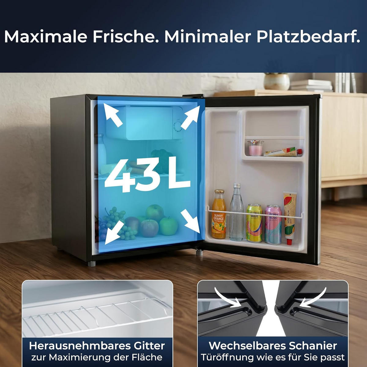 MINIKÜHLSCHRANK mit Gefrierschrank 43L - Schwarz, Metall (45/48/47cm) - KLAMER