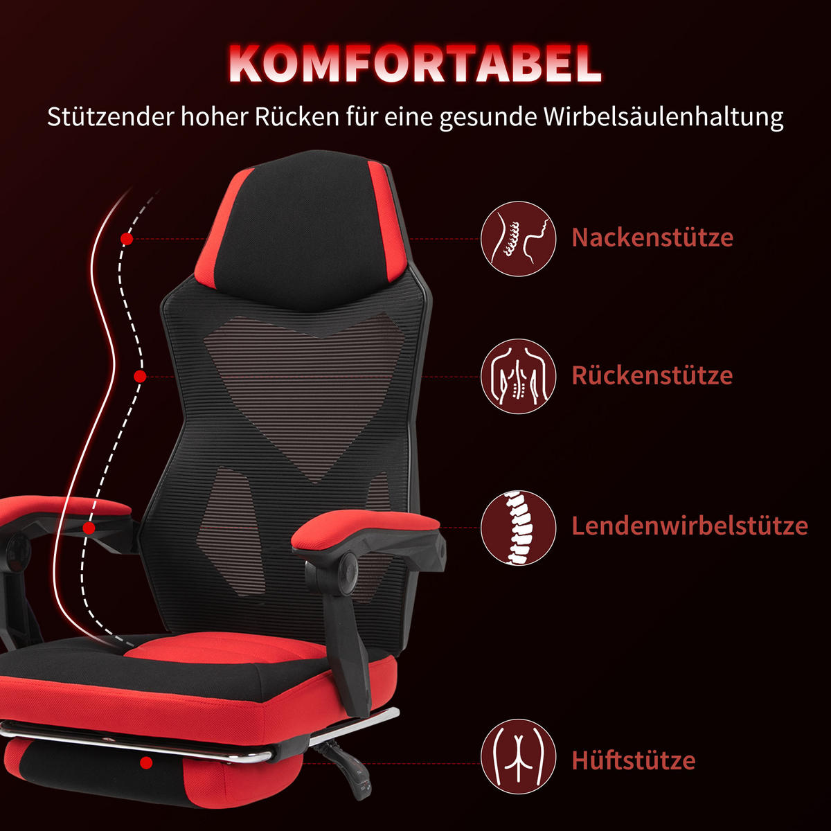 ERGONOMISCHER Bürostuhl, Schwarz+Rot - Multicolor, Kunststoff (63/122/58cm) - Vinsetto
