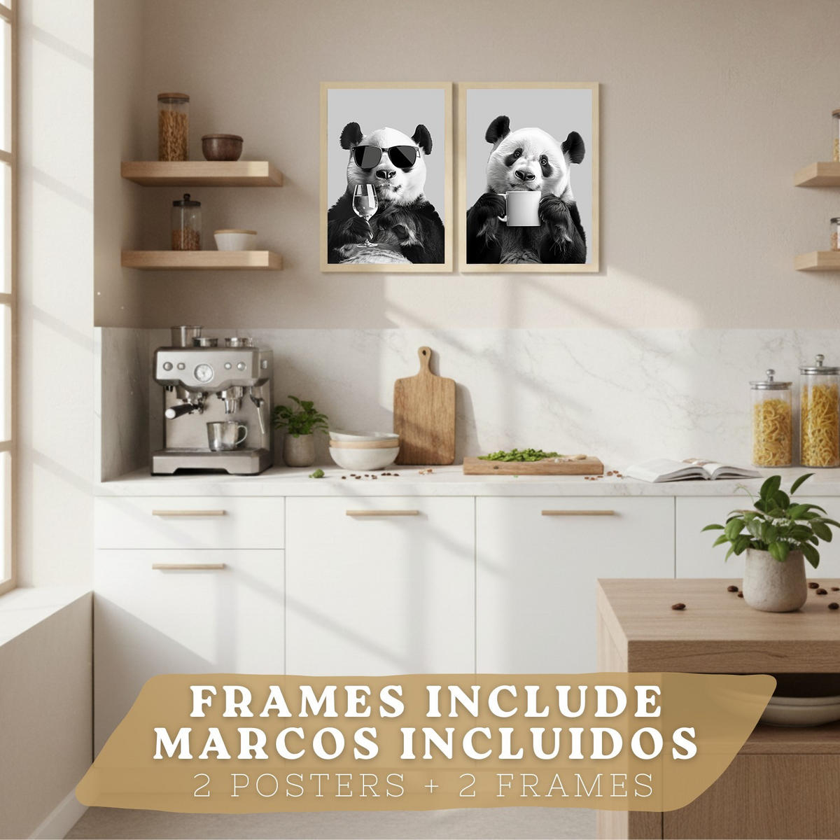 PLAKAT Sada 2 Panda Bears A3 Lehký dřevěný rám - béžová, papír (29.7/1/42cm) - Nacnic