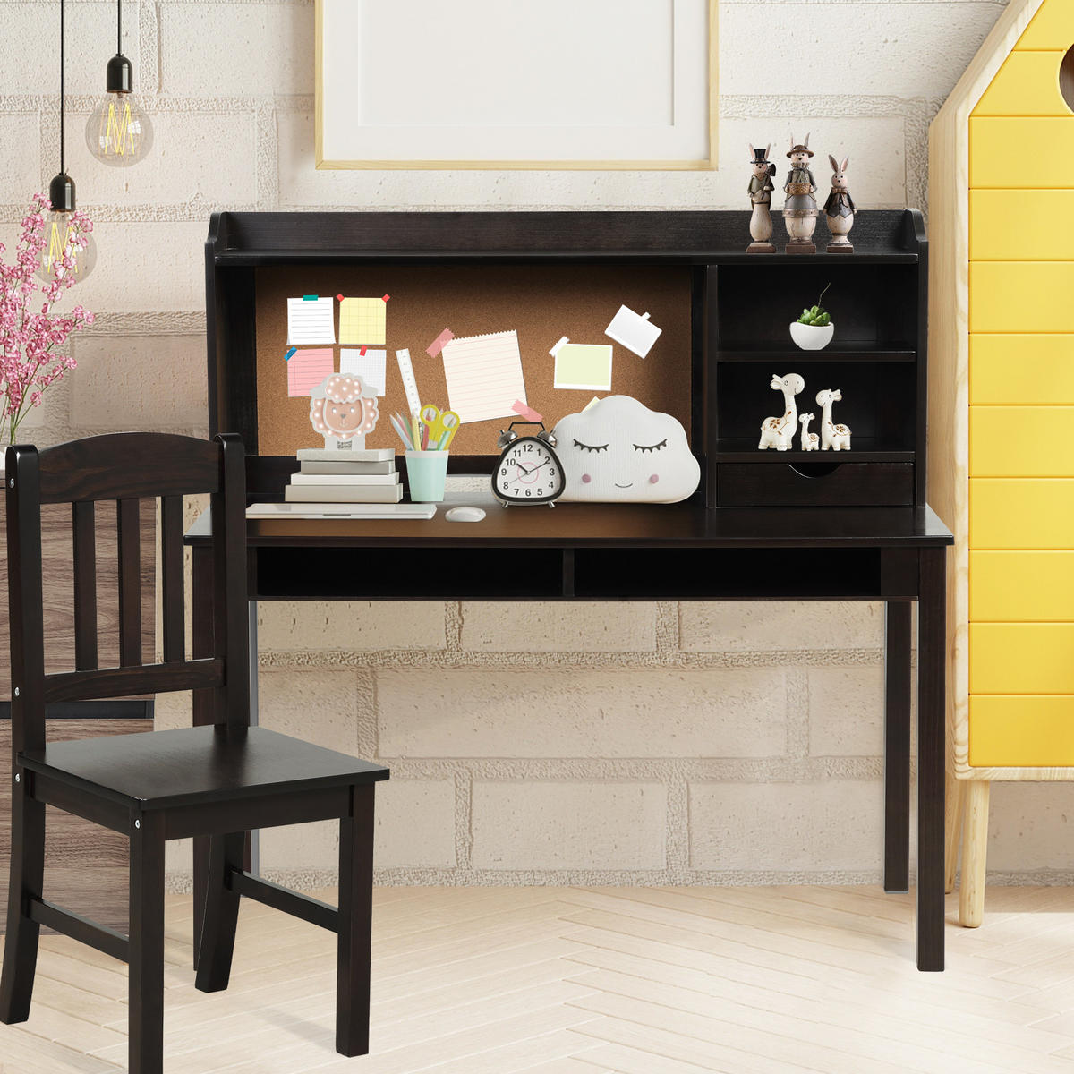 KINDERSCHREIBTISCH mit Hängeplatte braun(2-tlg) - Braun, Holzwerkstoff (111.5/110.7/60.5cm) - COSTWAY