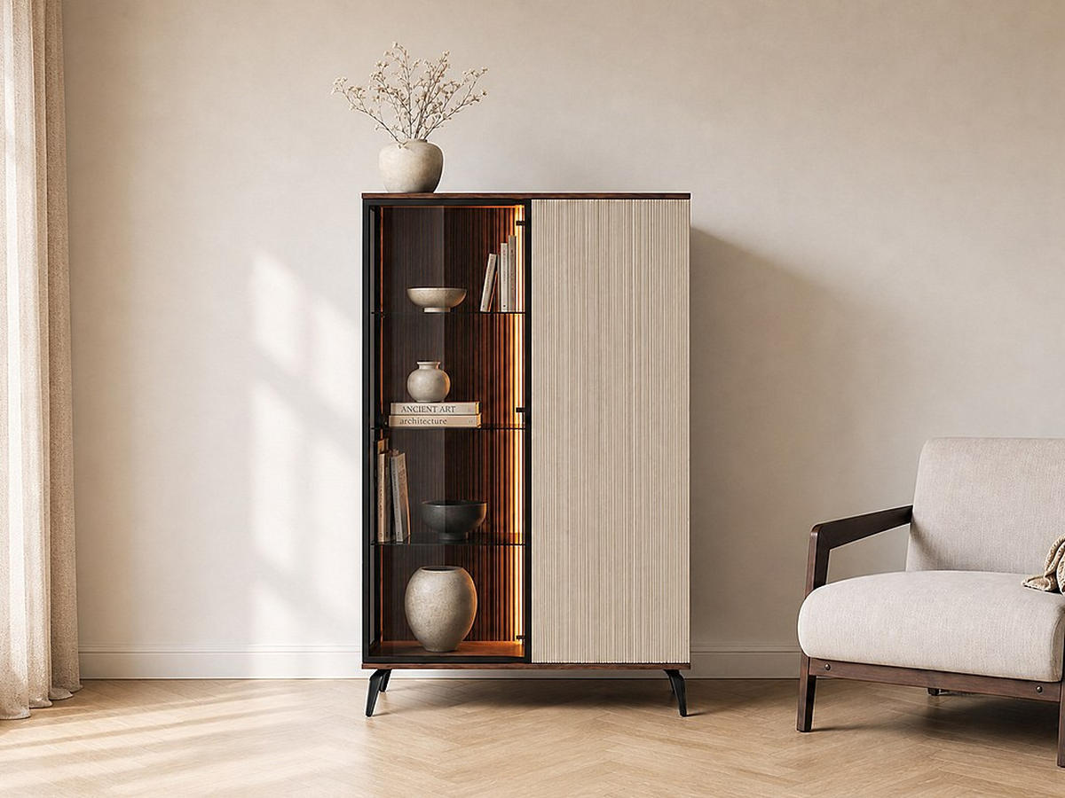 VITRINENSCHRANK - 103 cm x 39 cm - glas - naturfarben dunkel, beige Janeya - Beige/Naturfarben, Glas/Holz (103/162/39cm) - Vente-Unique