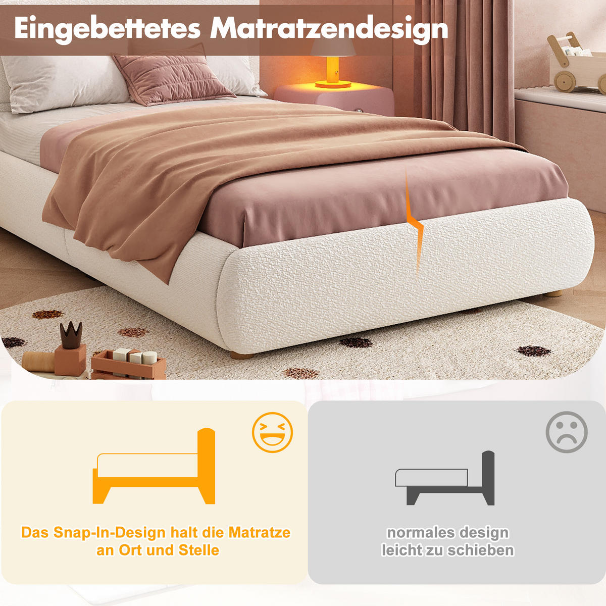 POLSTERBETT 90/200 cm in Weiß mit Bettkasten und LED Bouclé - Beige/Naturfarben, Holzwerkstoff/Textil (90/200cm) - STILVORA
