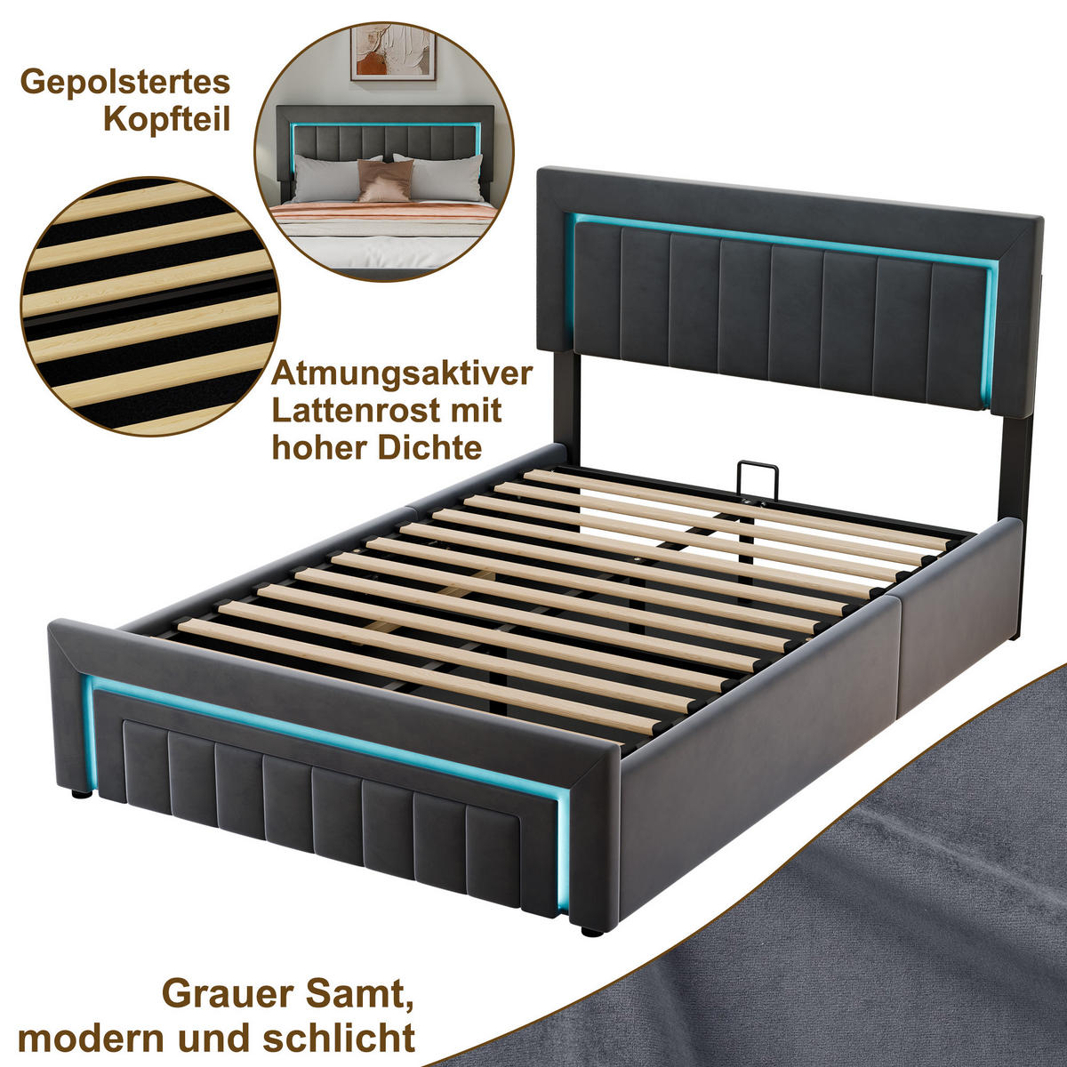 POLSTERBETT aus Samt 140x200 cm Grau mit LED-Beleuchtung und hydraulischem Stauraum - Grau, Textil (140/200cm) - Modfu