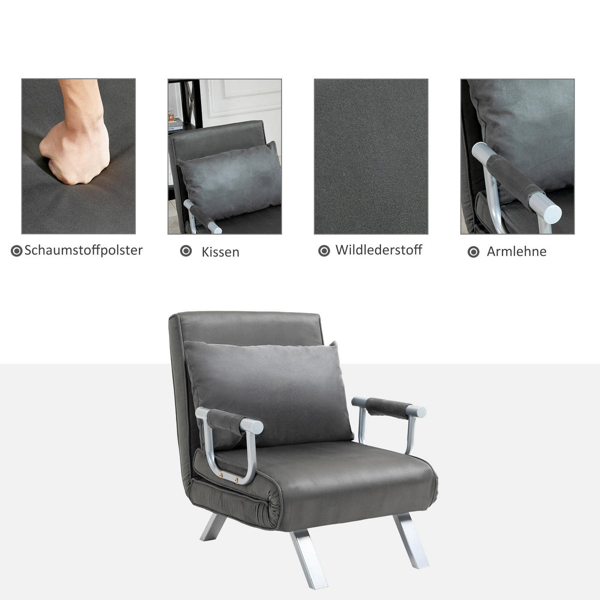 SCHLAFSESSEL, Kunstleder, Metall, Grau - Grau, Kunststoff (69/80/65cm) - HOMCOM