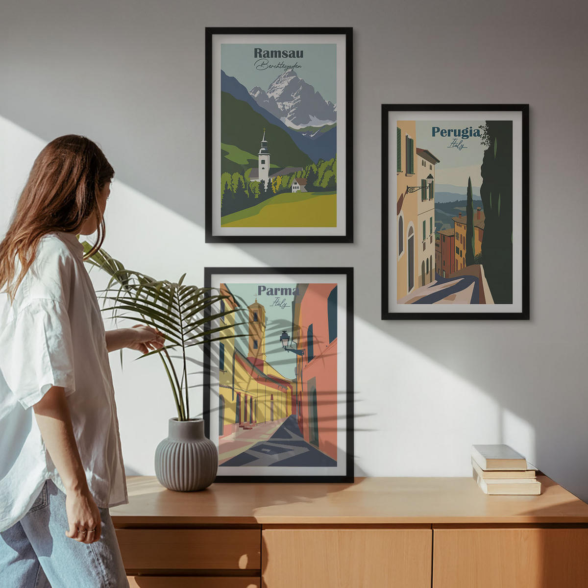 WANDBILDER 3er-Set - 40x60 cm Schwarzer Rahmen - Berglandschaften und Italien - Schwarz, Kunststoff (40/60cm) - ArtPrintCave