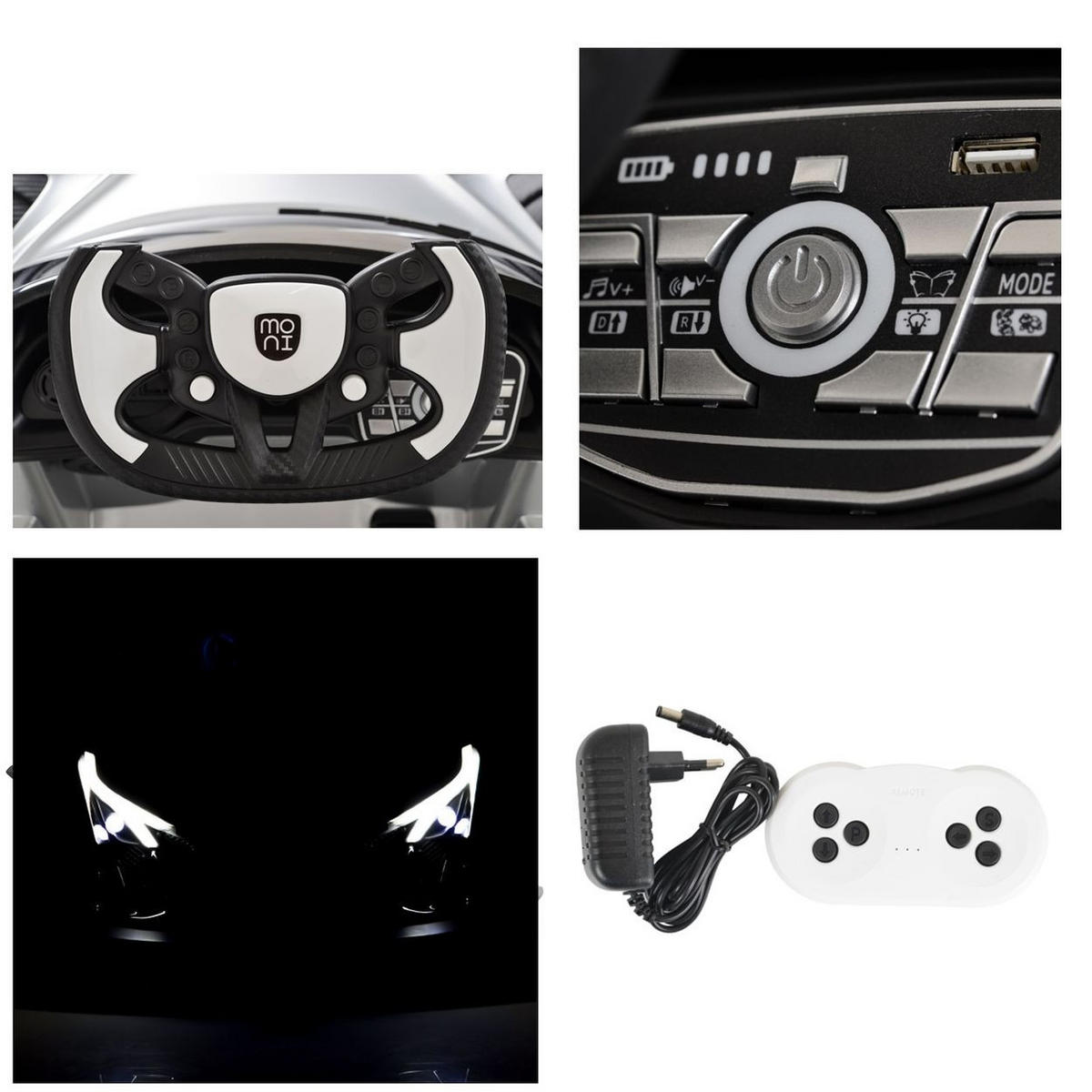 ELEKTROAUTO Flash metallic silber 4 Motoren, MP3, Fernbedienung, EVA-Reifen - Silberfarben, Kunststoff (120/62/48cm) - Moni