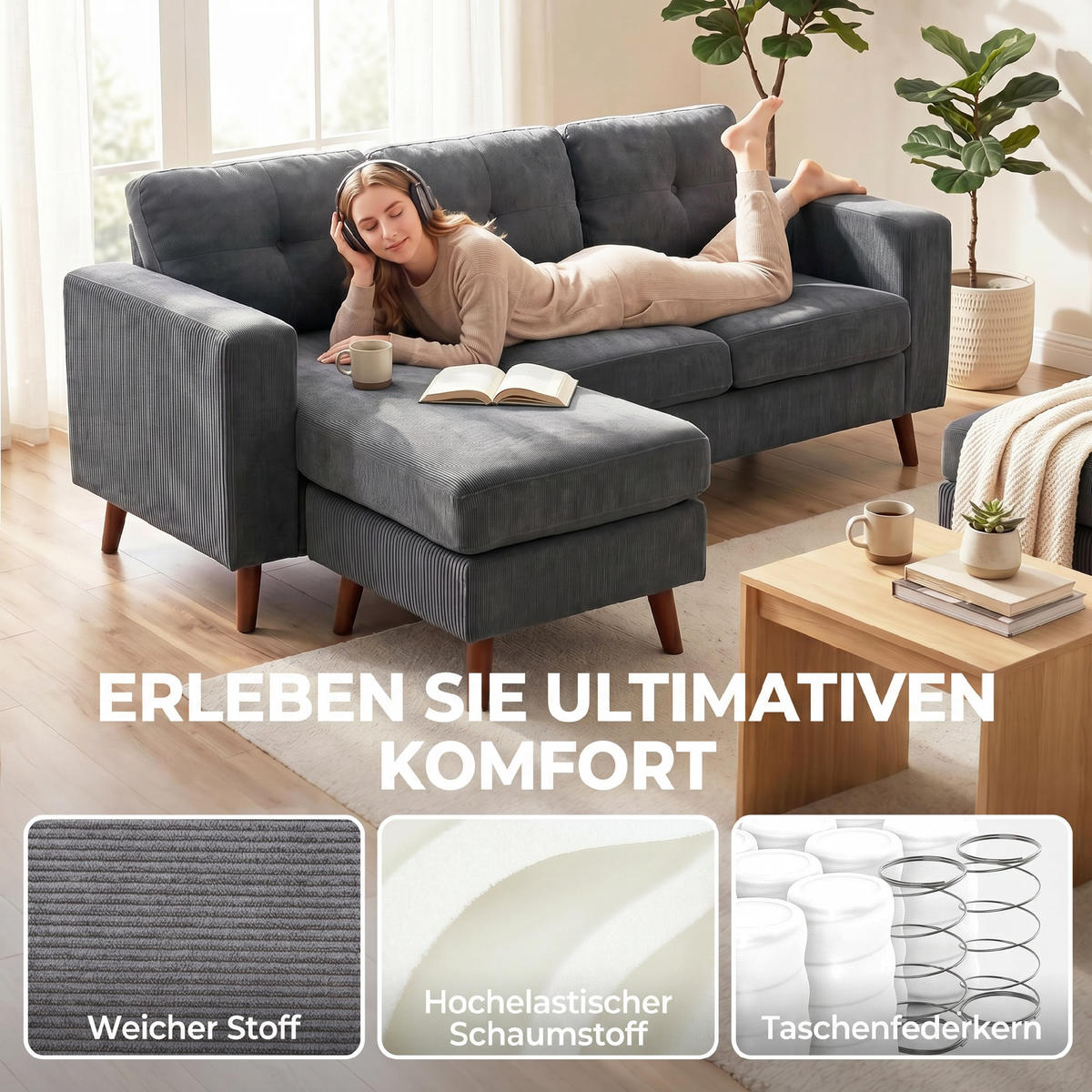 ECKSOFA Polyester Dunkelgrau - Dunkelgrau/Schwarz, Holzwerkstoff/Kunststoff (137/192cm) - HOMCOM