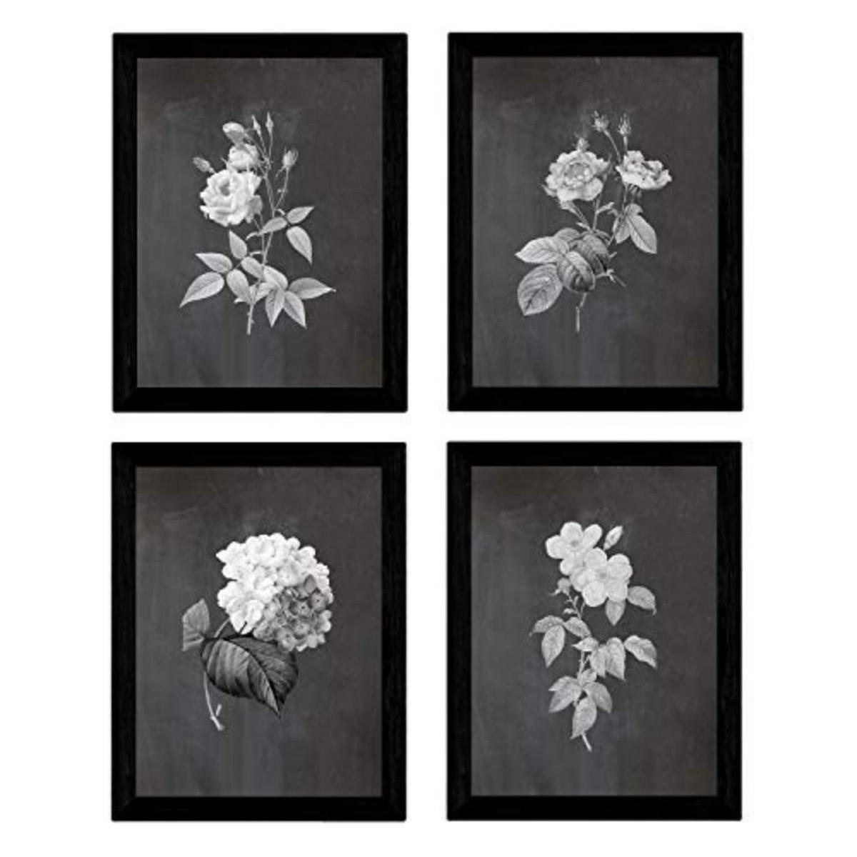 POSTER Set mit 4 Botanischen Stils Rosa weich Schwarz Hintergrund A3 Rahmenlos - Klar, Papier (29.7/3cm) - Nacnic