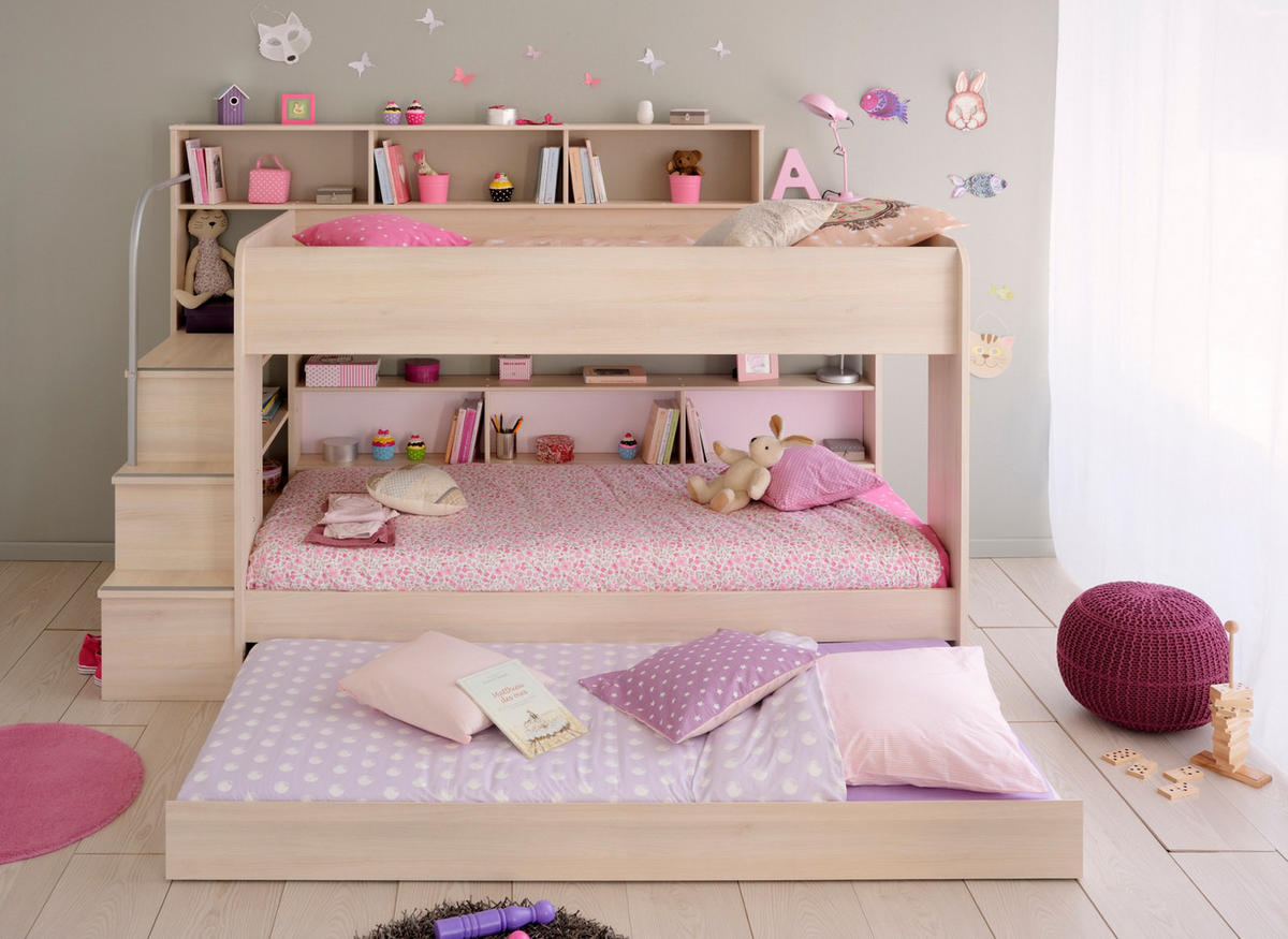 KINDERZIMMER Set 3-tlg mit Etagenbett Bettkasten und Kleiderschrank - Silberfarben/Akaziefarben, Holz/Holzwerkstoff (245/179/114cm) - Parisot Meuble