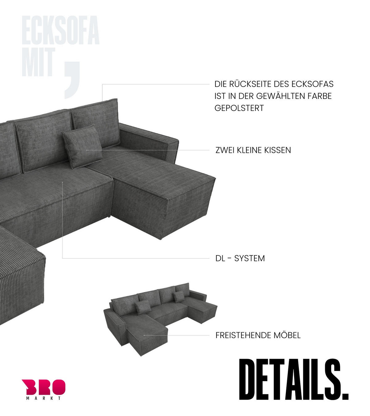 WOHNLANDSCHAFT Dexter U mit Schlaffunktion Grau Cord - Grau, Textil (310/80/141cm) - Bromarkt