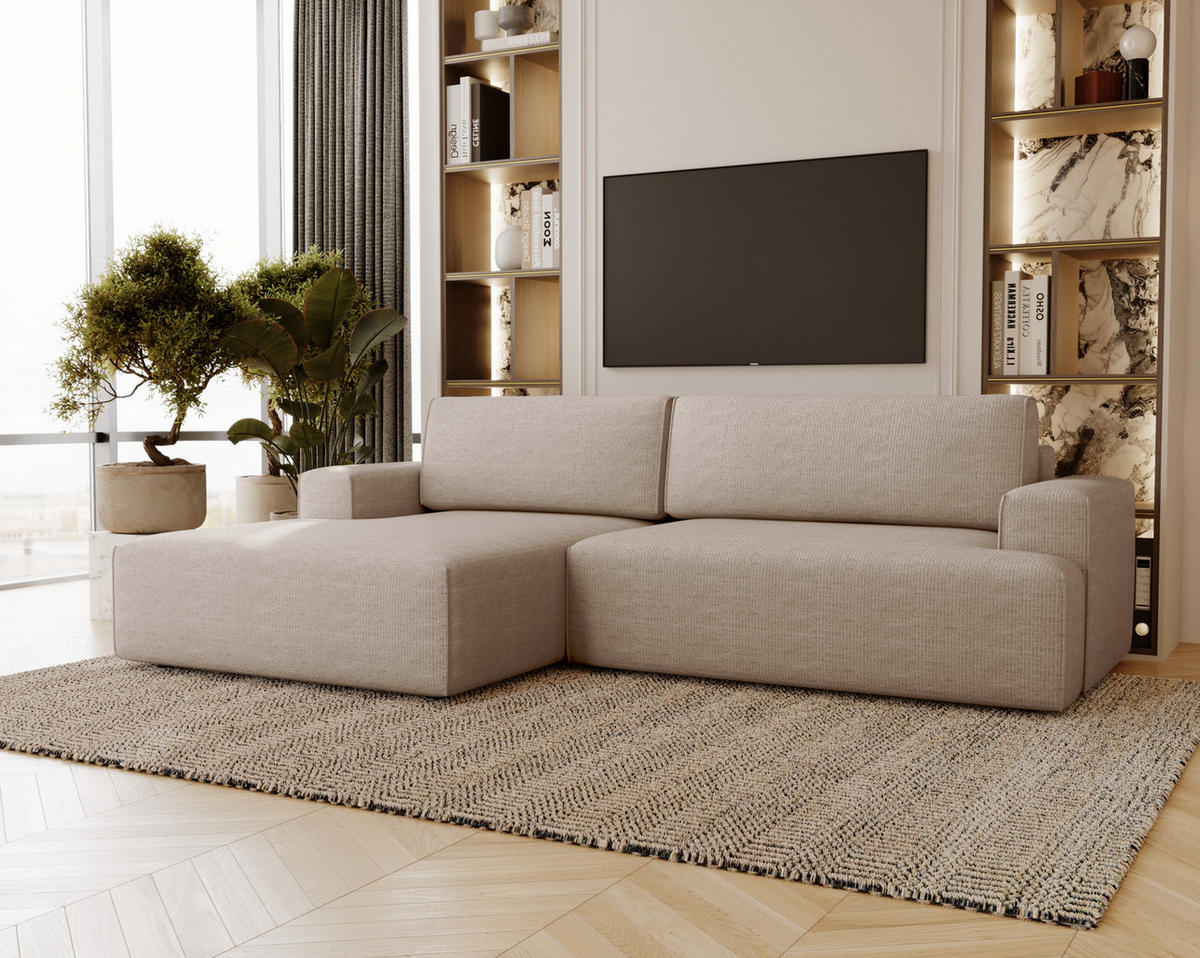 ECKSOFA L-Form 270 cm Boston mit Bettkasten, Schlaffunktion, Links, Beige - Beige, Holz (165/270cm) - Emporius
